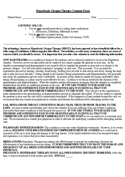 Hyperbaric Oxygen Therapy Consent Form